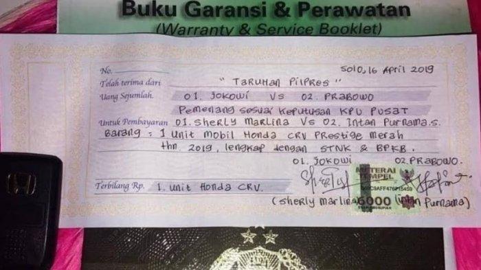 Viral Foto Kuitansi Taruhan Mobil Honda CRV demi Pilpres 2019, antara Emak-emak 01 dan 02 di Solo