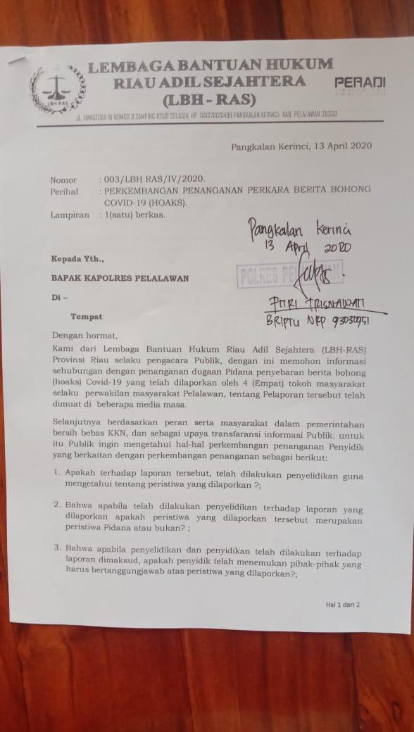 LBH - RAS Pertanyakan Perkembangan Laporan Tokoh Masyarakat Dugaan Berita Hoax Terkait Covid-19 Kepada Kapolres Pelalawan