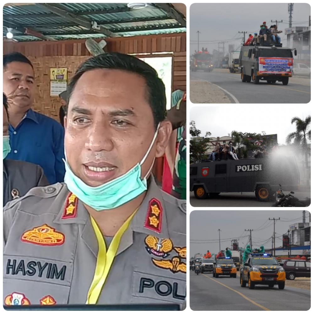 Polres Pelalawan Kerahkan Mobil Water Canon Semprot Disinfektan