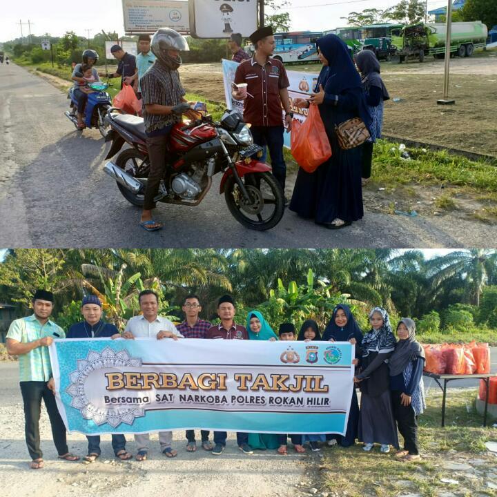Sat Narkoba dan Bhayangkari Polres Rohil Berbagi 200 Kotak Takzil Makanan dan Minuman Ke Masyarakat 