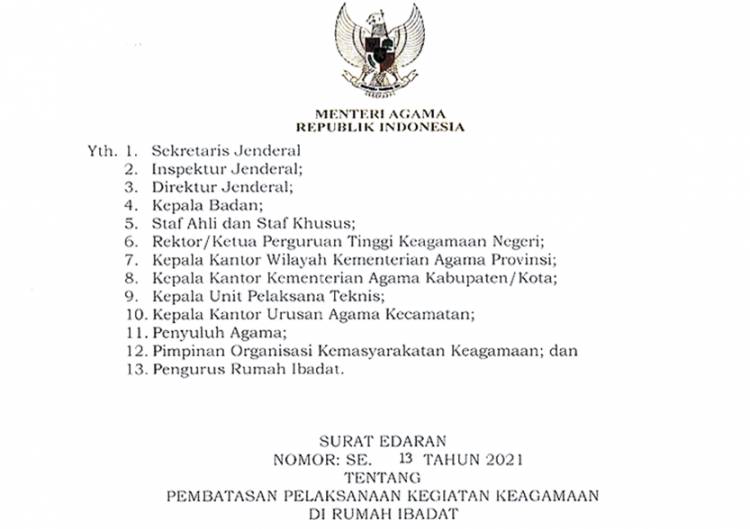 Kasus COVID-19 Melonjak, Menag Terbitkan Edaran Pembatasan Kegiatan di Rumah Ibadah