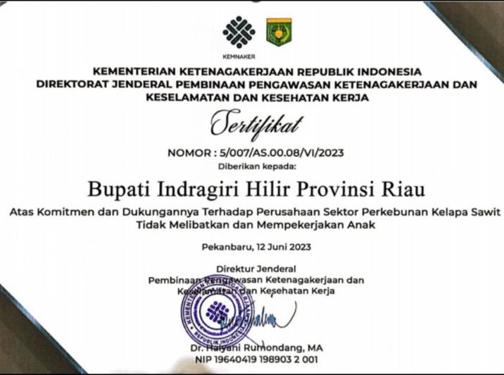 Bupati Inhil HM WARDAN Dukung Pencanangan Perkebunan Kelapa Sawit Terbebas Dari Pekerja Anak