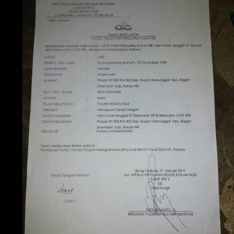 Jais Laporkan Tanda Tangannya Dipalsukan ke Polres Rohil Sejak 2019, ini Jawaban Kapolres