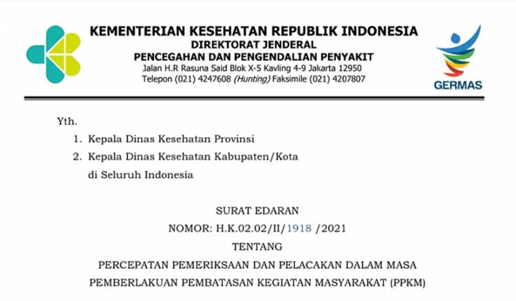 Kemenkes Terbitkan SE Percepatan Testing dan Tracing di Daerah PPKM