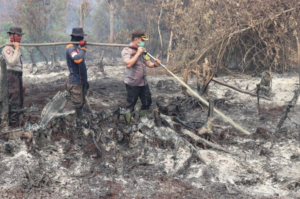 Kapolres Inhil dengan Anggota ,Danramil 05 Gas, BPBD Kab. Inhil Dan Masyarakat Terjun Berupaya Memadamkan Api