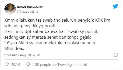 Penyidik Senior KPK Novel Baswedan Dinyatakan positif Covid-19