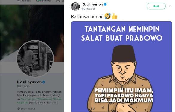 Nyinyirin Prabowo Tak Bisa Jadi Imam Shalat, Ulin Yusron Diskakmat Netizen dengan Foto Ini