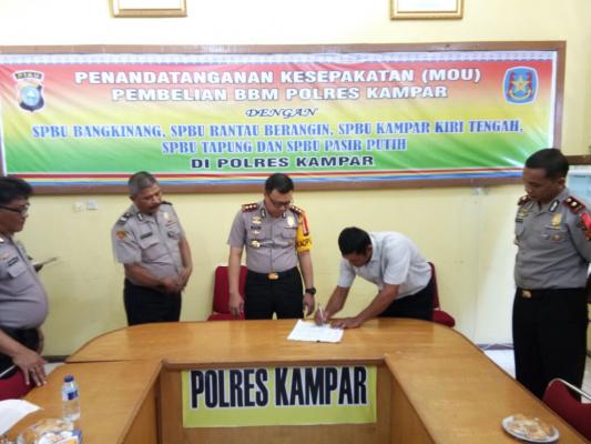 Polres Kampar Lakukan MoU dengan SPBU, Bengkel, PLN dan PDAM tirta Kampar.