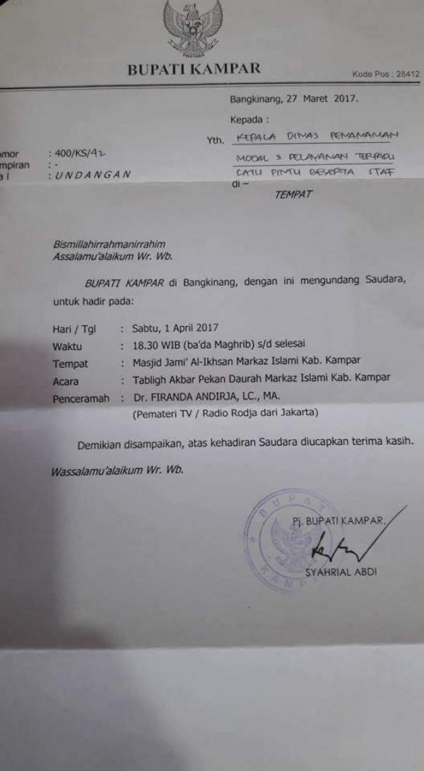 Pj Bupati Kampar Undang Pejabat Ikut Tabligh Akbar Ustadz Firanda Andirja Akhir Pekan Ini