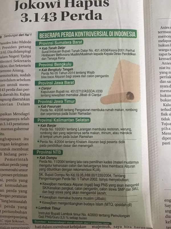 Banyak Perda Bernuansa Islam Dicabut, Ini Pernyataan Pemerintah