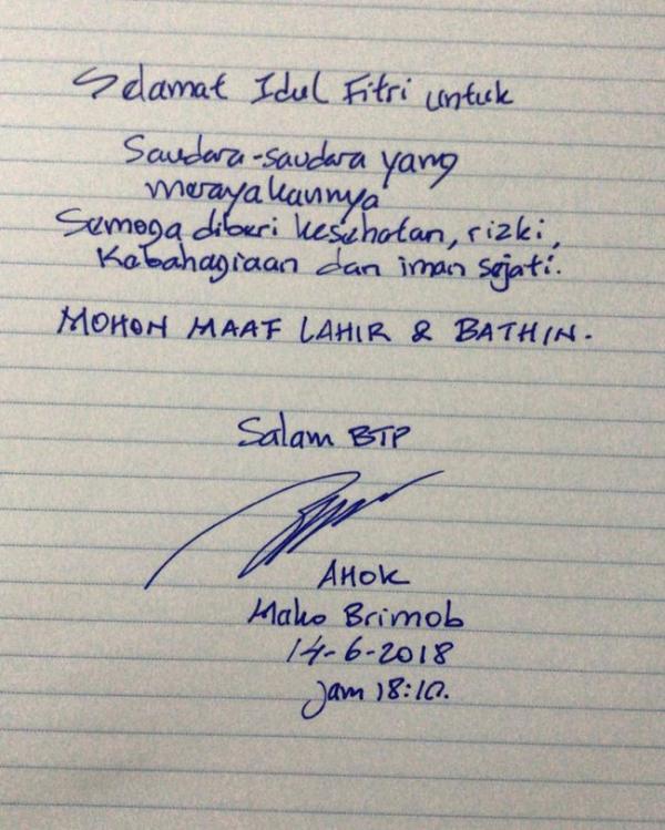 Ahok Ucapkan Selamat Idul Fitri Lewat Tulisan Tangan
