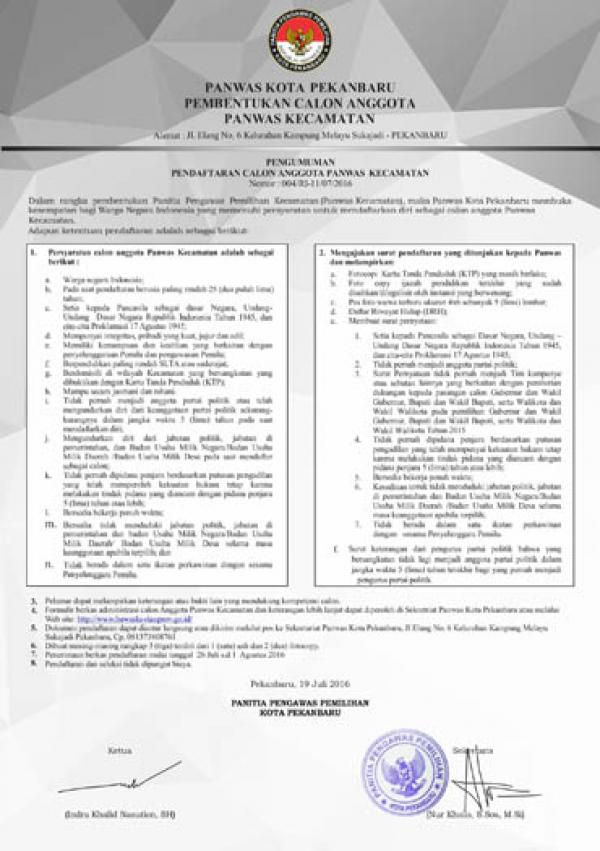 Segera Daftar jadi Anggota Panwascam Pilkada Pekanbaru