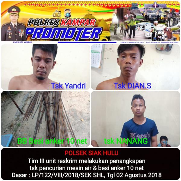 Polsek Siak hulu tangkapTiga Orang Pelaku Curat