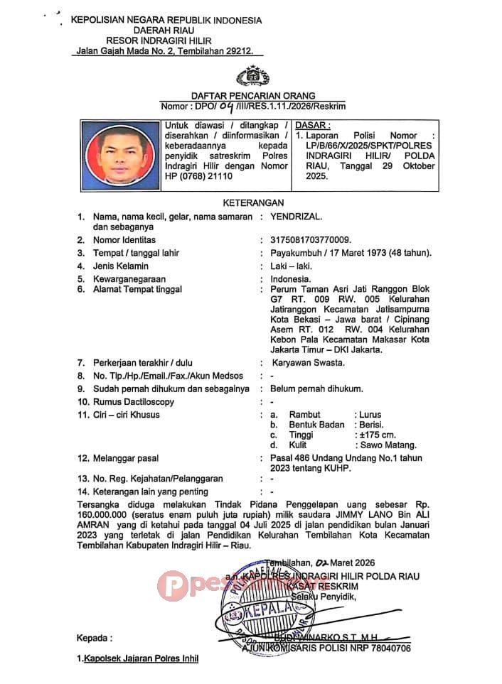 Polres Inhil Tangani Kasus Dugaan Penipuan dan Penggelapan Rp160 Juta, Satu Tersangka Ditetapkan DPO