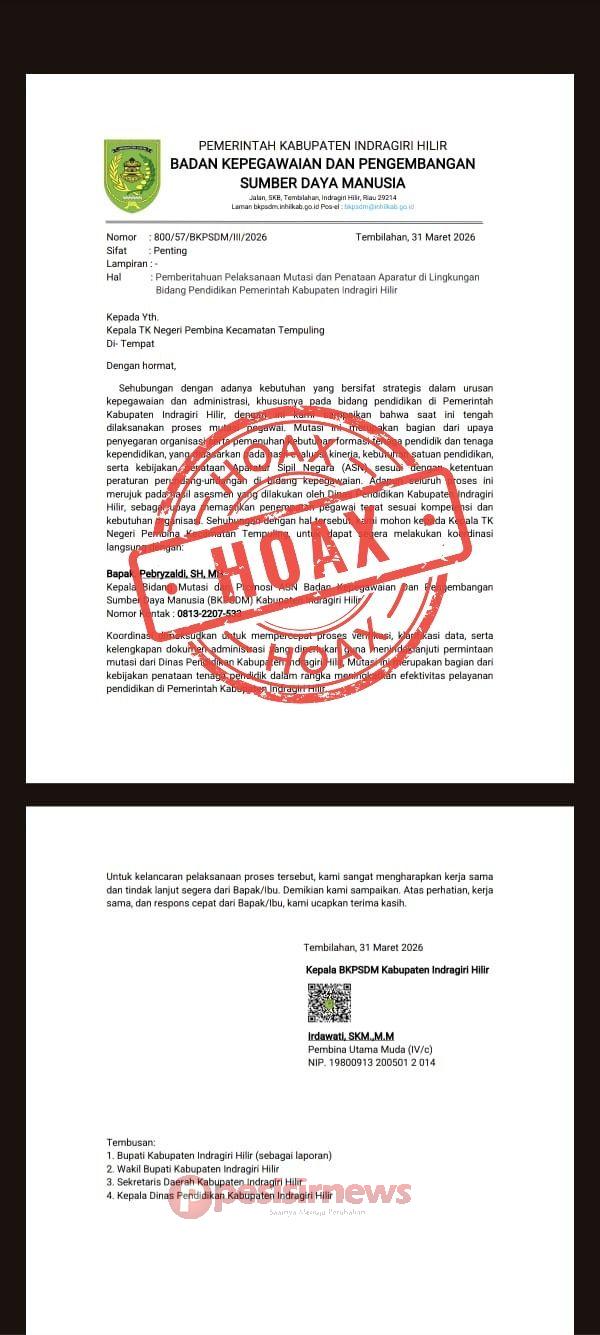 BKPSDM Inhil Tegaskan Surat Mutasi ASN yang Beredar adalah Hoaks